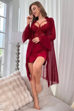 Crimson Red Lace & Satin Strappy Mini Chemise