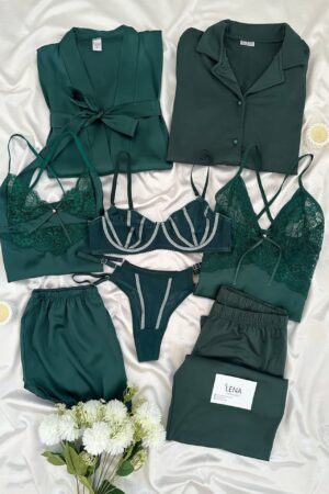 Luxury 8-Piece Emerald Green Satin & Lace Sleepwear Collection