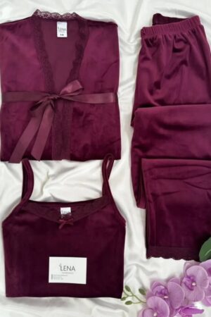 Plum Velvet 3-Piece Lounge Set with Lace Trim