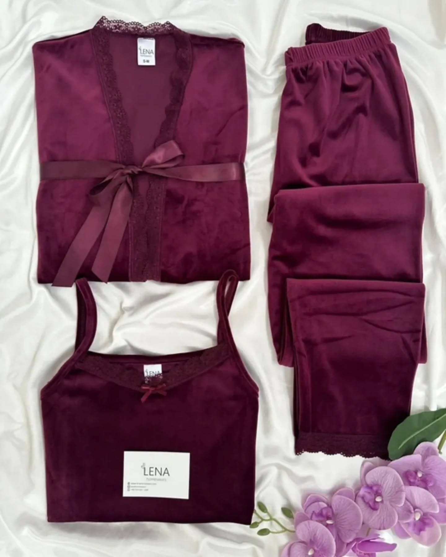 Plum Velvet 3-Piece Lounge Set with Lace Trim