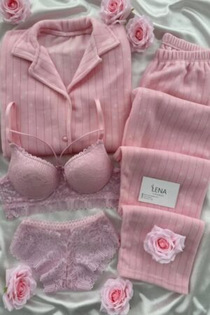 Baby Pink Star Print Ribbed Pajama & Lace Lingerie Set