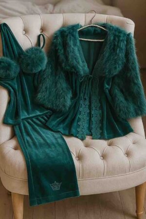 Emerald Green Velvet Robe Set with Fur Trim