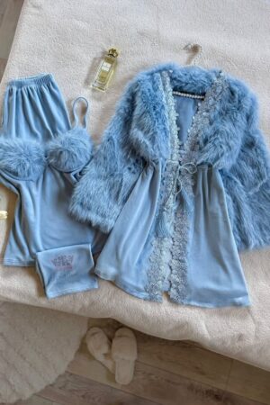 Ice Blue Velvet & Faux Fur Luxury Sleepwear Set