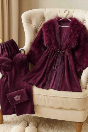 Luxurious Plum Velvet 3-Piece Lounge Set with Faux Fur Trim