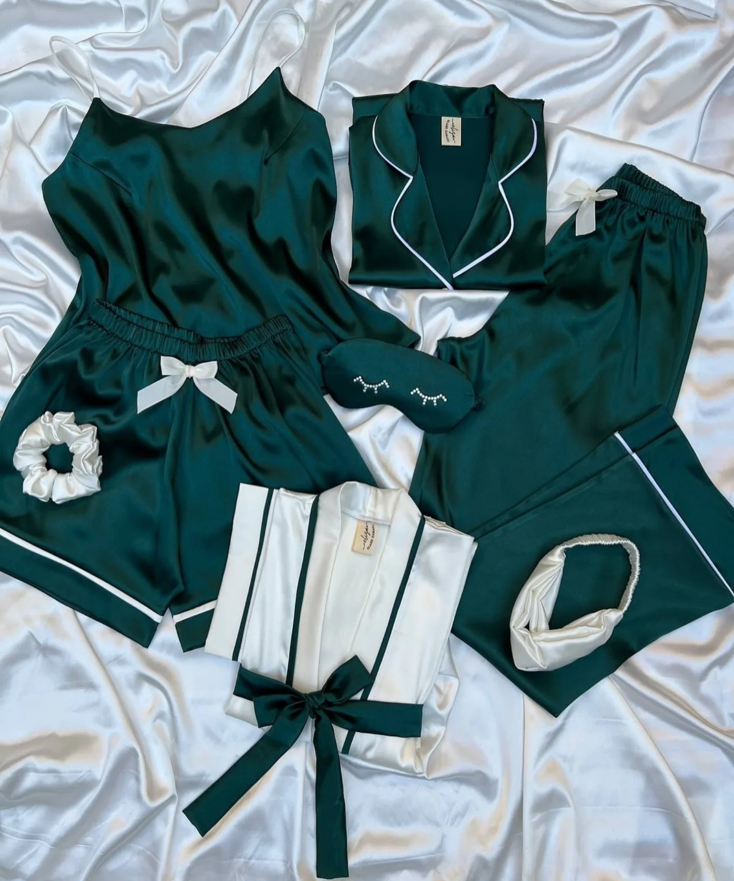 Emerald Green 7-Piece Luxury Satin Loungewear Set