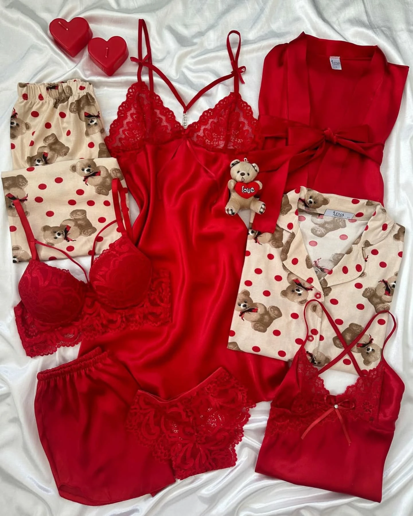 Teddy Love: The Adorable 10-Piece Red Satin & Bear Print Mega Set