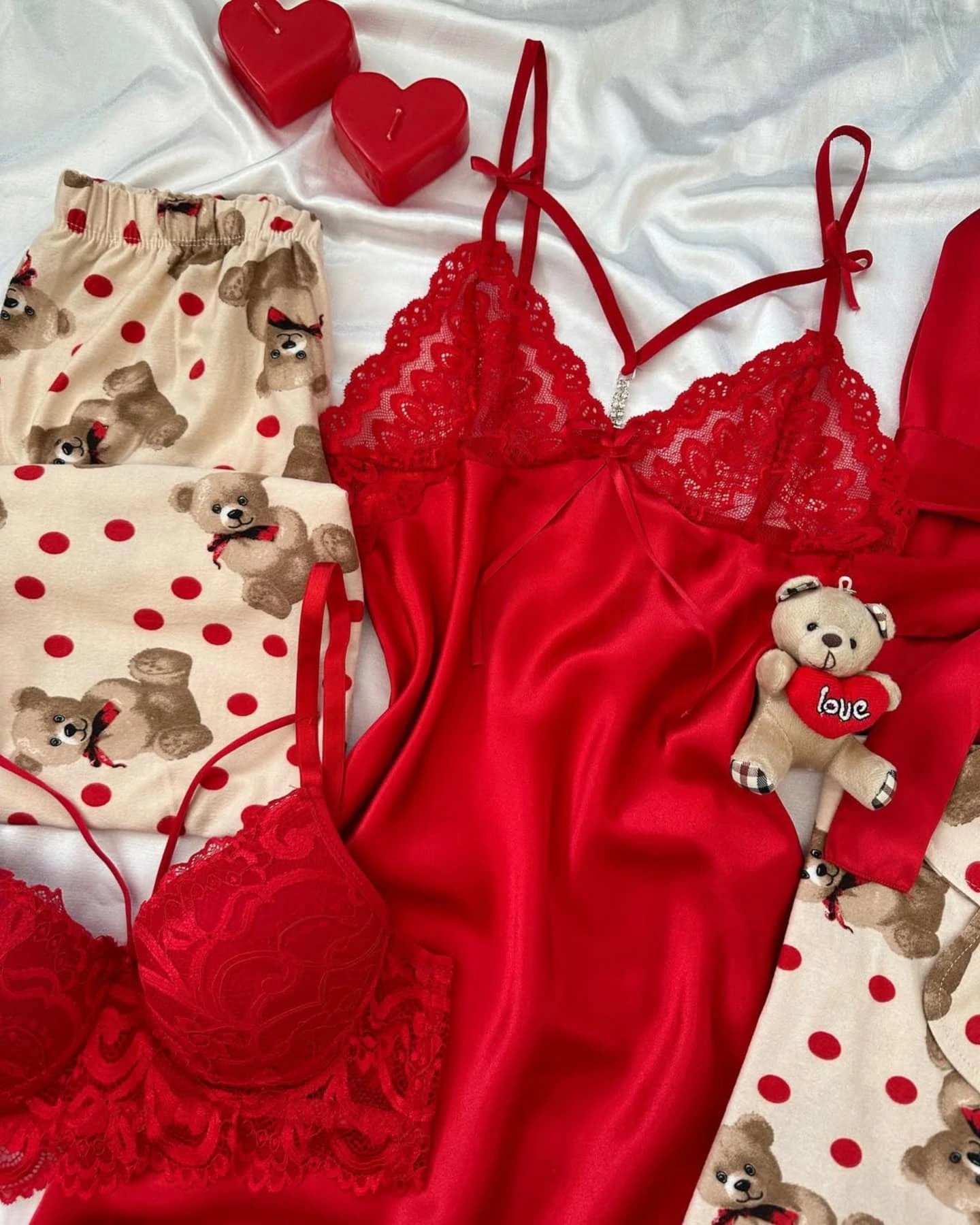 Teddy Love: The Adorable 10-Piece Red Satin & Bear Print Mega Set - Image 5