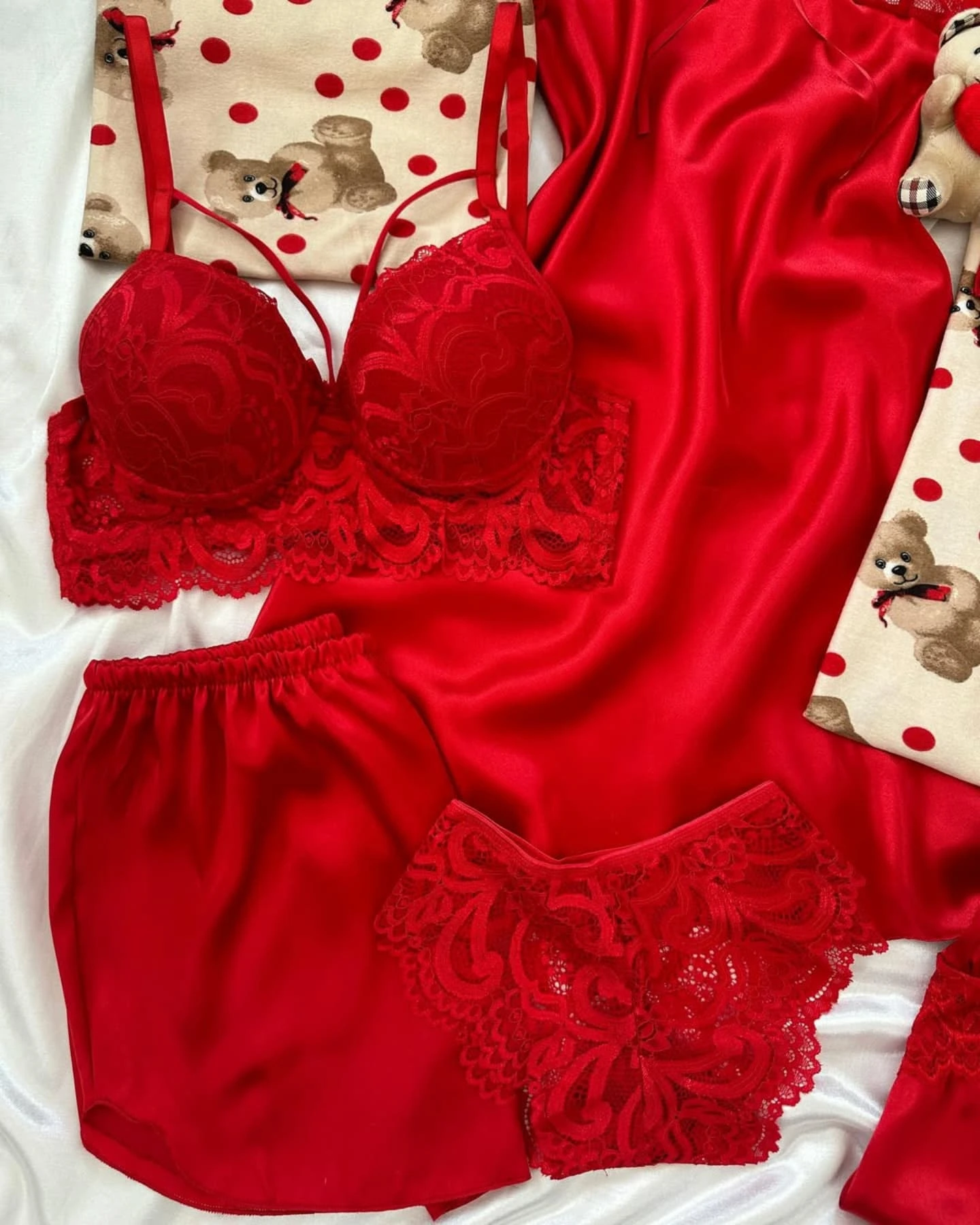 Teddy Love: The Adorable 10-Piece Red Satin & Bear Print Mega Set - Image 6