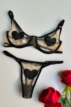Midnight Hearts: Sheer Mesh & Black Appliqué Lingerie Set