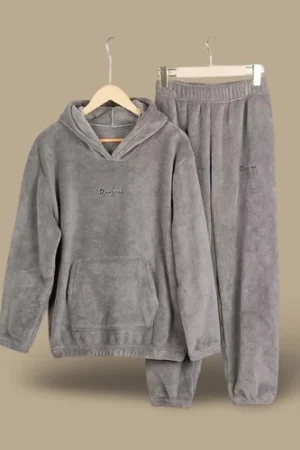 Grey Soft Plush Velvet Hooded Tracksuit